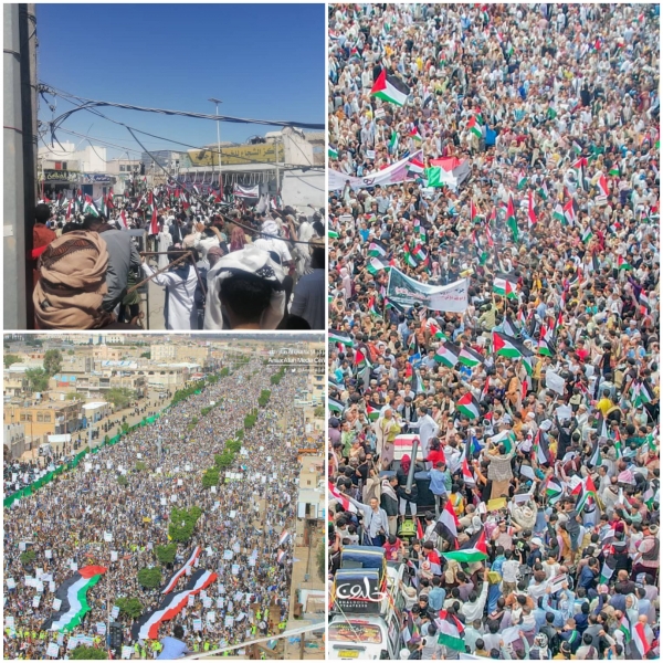 حشود يمنية ضخمة في الغيضة والعديد من المدن تضامنا مع أهالي غزة